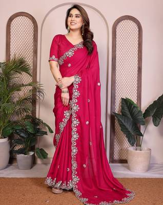 Pink satin chiffon embroidered ethnic saree 4