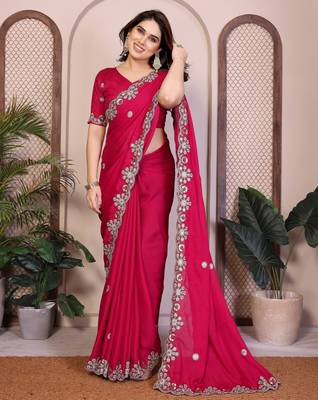Pink satin chiffon embroidered ethnic saree 5