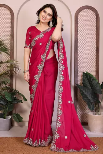 Pink satin chiffon embroidered ethnic saree