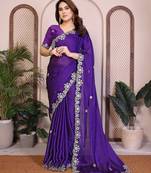 Purple color satin chiffon fabric designer embroidered ethnic saree