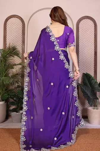 Purple satin chiffon embroidered ethnic saree