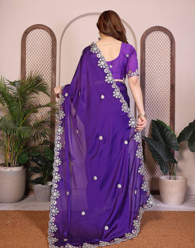 Purple color satin chiffon fabric designer embroidered ethnic saree