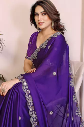 Purple satin chiffon embroidered ethnic saree