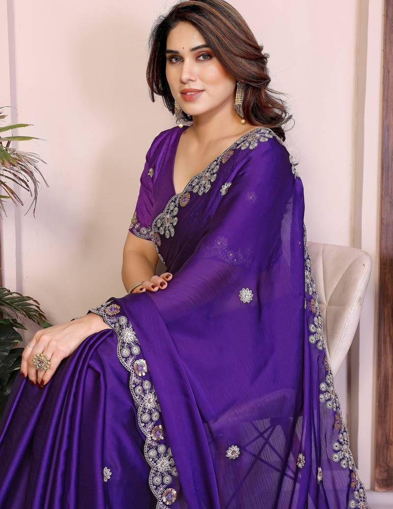 Purple color satin chiffon fabric designer embroidered ethnic saree