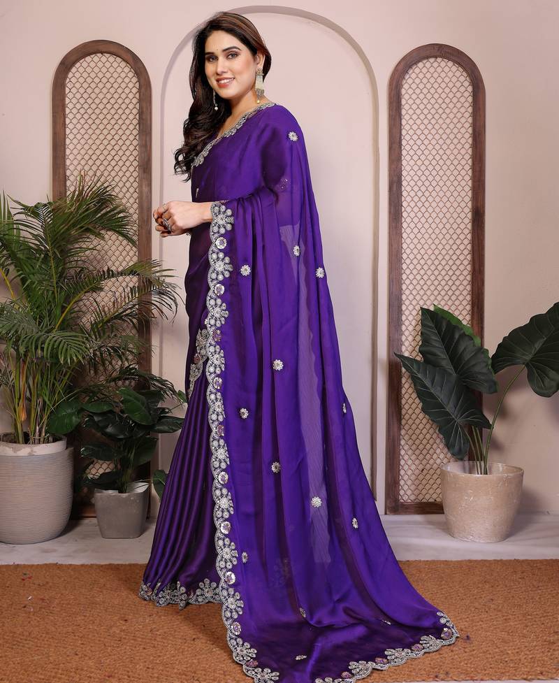 Purple color satin chiffon fabric designer embroidered ethnic saree
