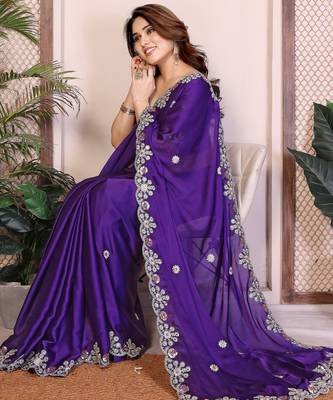 Purple satin chiffon embroidered ethnic saree 5