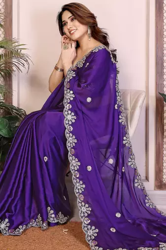 Purple satin chiffon embroidered ethnic saree