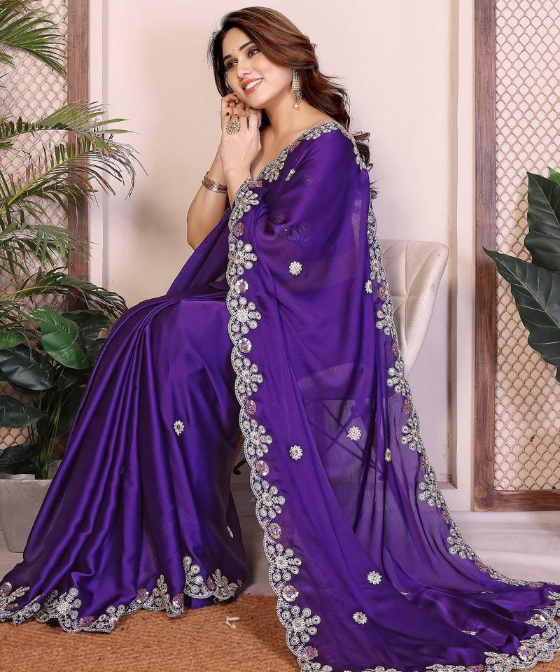 Purple color satin chiffon fabric designer embroidered ethnic saree