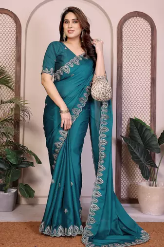 Teal color satin chiffon fabric designer embroidered ethnic saree