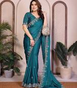 Teal color satin chiffon fabric designer embroidered ethnic saree