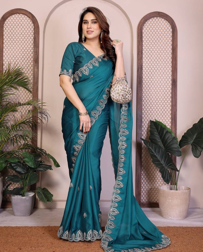 Teal color satin chiffon fabric designer embroidered ethnic saree