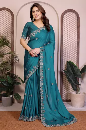 Teal satin chiffon embroidered ethnic saree