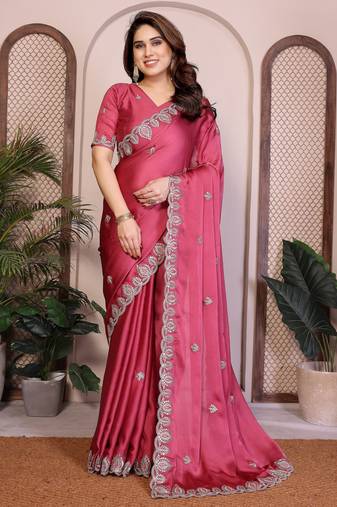 Pink color satin chiffon fabric designer embroidered ethnic saree