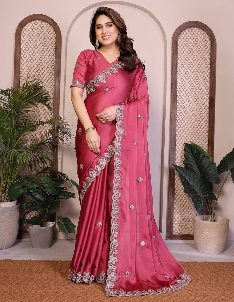 Pink color satin chiffon fabric designer embroidered ethnic saree