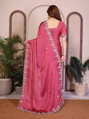 Pink satin chiffon embroidered ethnic saree 2