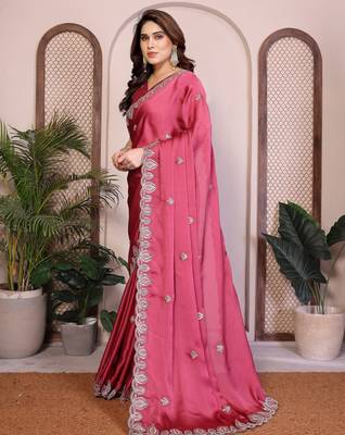 Pink satin chiffon embroidered ethnic saree 4