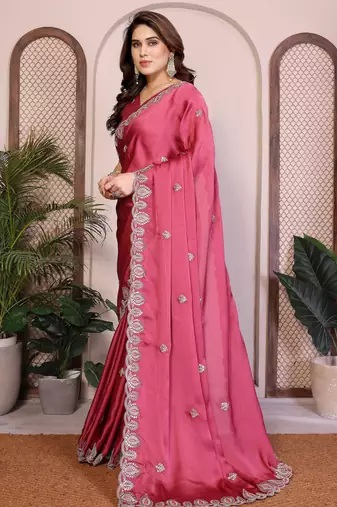 Pink satin chiffon embroidered ethnic saree