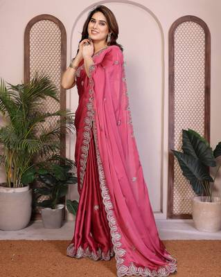 Pink satin chiffon embroidered ethnic saree 5