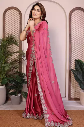 Pink satin chiffon embroidered ethnic saree