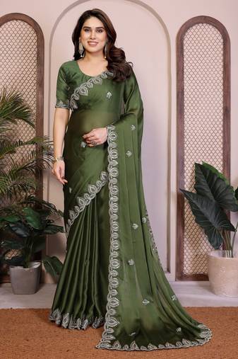 Mahendi color satin chiffon fabric designer embroidered ethnic saree