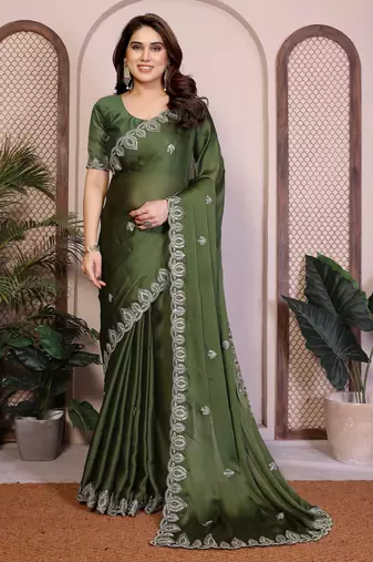 Mahendi color satin chiffon fabric designer embroidered ethnic saree