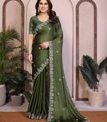 Mahendi color satin chiffon fabric designer embroidered ethnic saree