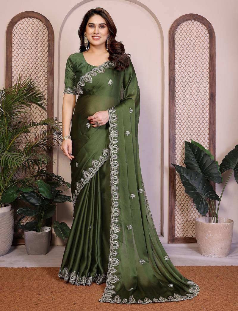 Mahendi color satin chiffon fabric designer embroidered ethnic saree