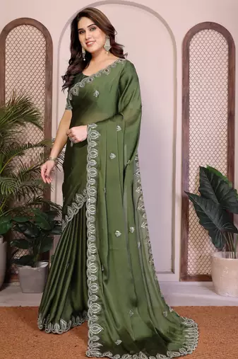 Mahendi satin chiffon embroidered ethnic saree