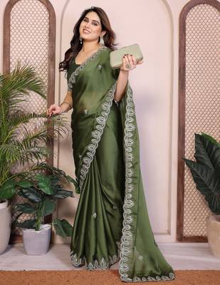 Mahendi satin chiffon embroidered ethnic saree 5
