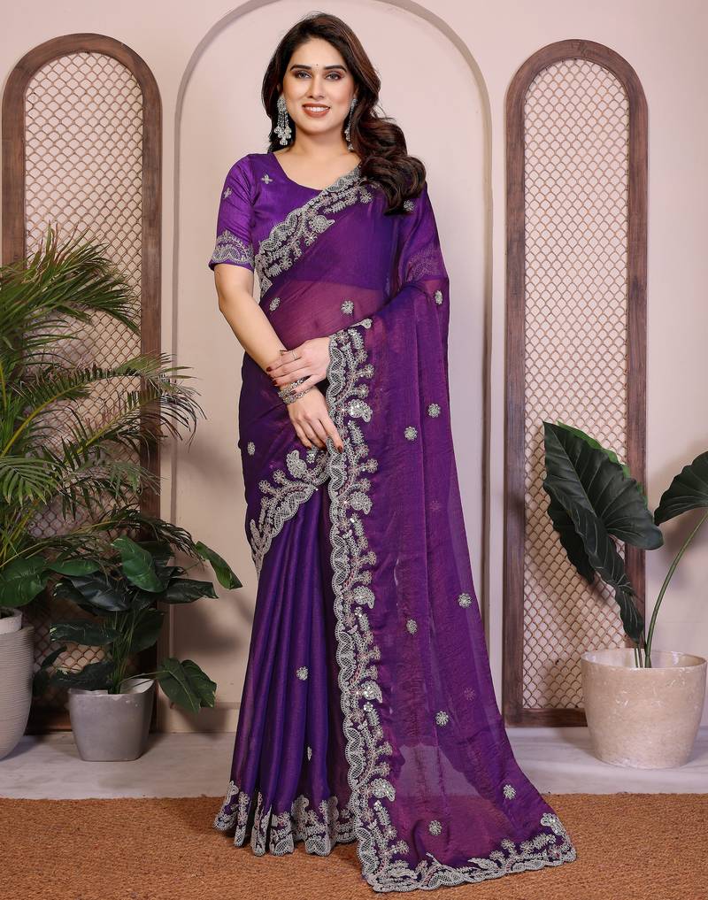 Purple color designer fendy chiffon saree for classy bollywood looks