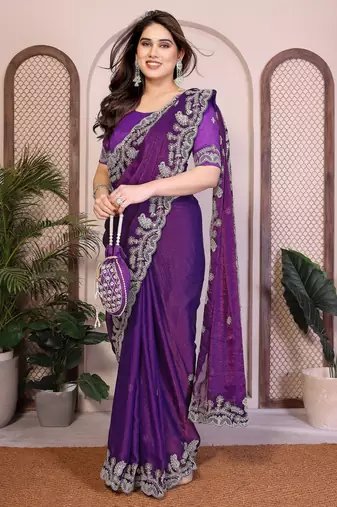 Purple chiffon saree classy looks
