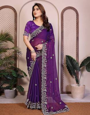 Purple chiffon saree classy looks 5