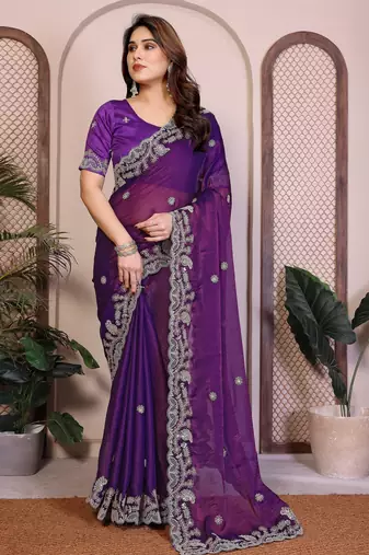 Purple chiffon saree classy looks