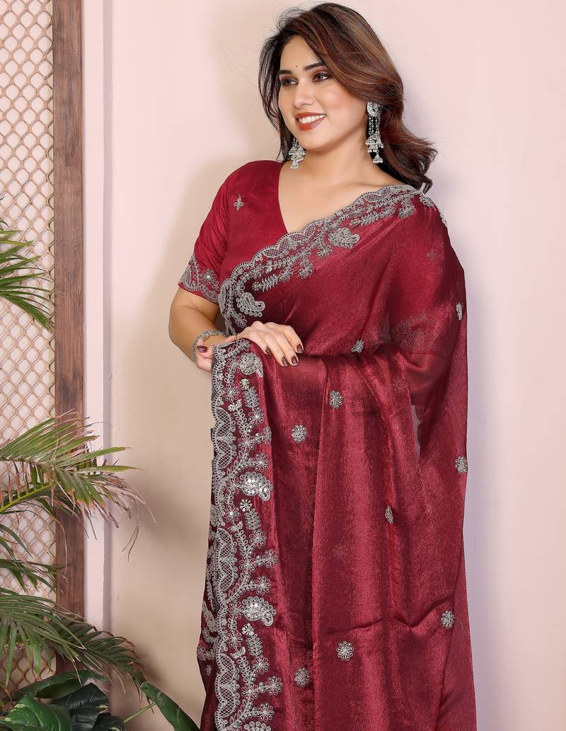 Maroon color designer fendy chiffon saree for classy bollywood looks