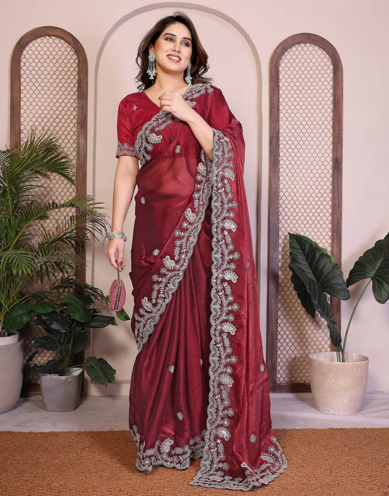 Maroon color designer fendy chiffon saree for classy bollywood looks