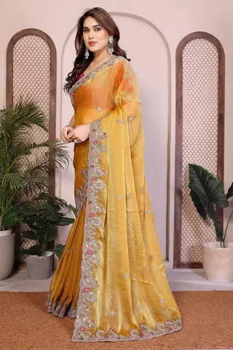 Yellow chiffon saree classy looks