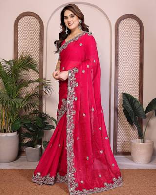 Pink chiffon saree classy looks 4