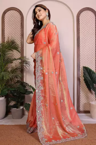 Orange chiffon saree classy looks