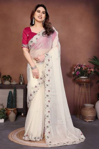 Cream color designer fendy chiffon saree for classy bollywood looks