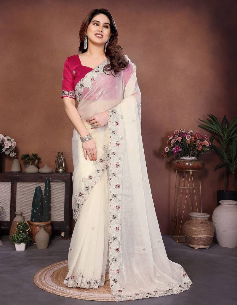Cream color designer fendy chiffon saree for classy bollywood looks