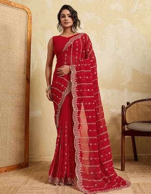 Red georgette glamorous embroidered saree 1