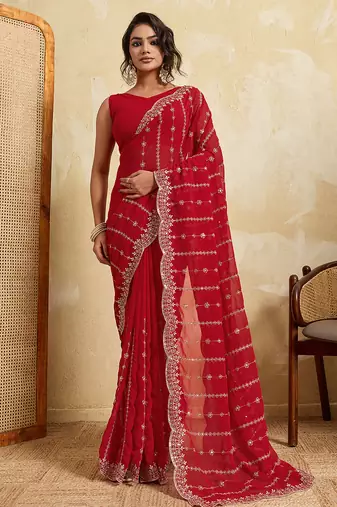 Red color beautiful georgette fabric glamorous embroidered saree