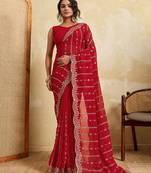 Red color beautiful georgette fabric glamorous embroidered saree