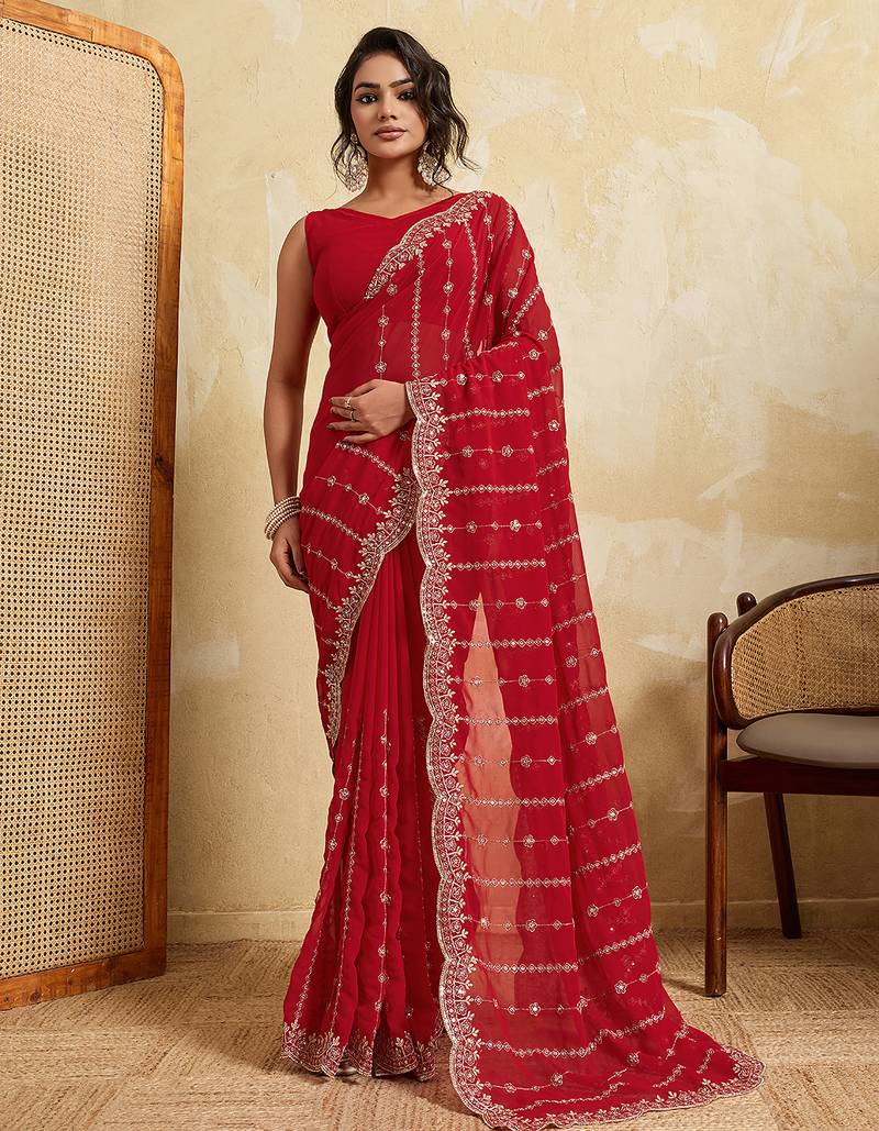 Red color beautiful georgette fabric glamorous embroidered saree
