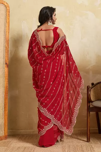 Red georgette glamorous embroidered saree
