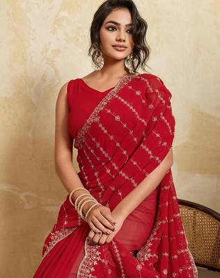 Red georgette glamorous embroidered saree 3