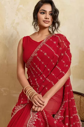 Red georgette glamorous embroidered saree