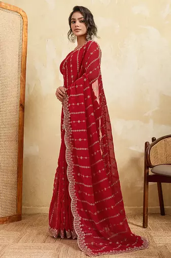 Red georgette glamorous embroidered saree