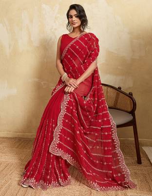 Red georgette glamorous embroidered saree 5