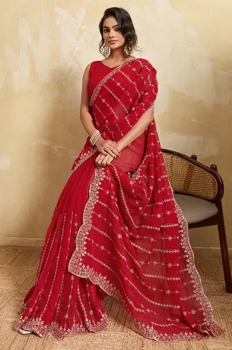 Red georgette glamorous embroidered saree
